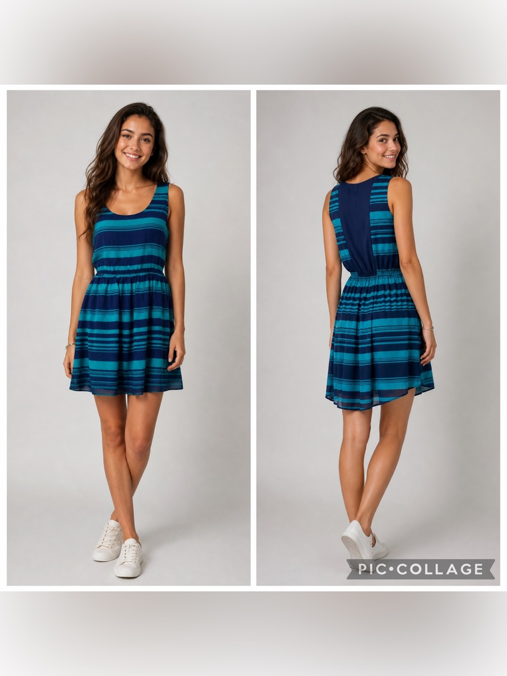 Attention Blue Stripe Hi Low Fit & Flare Tank Dress Sheer Back M